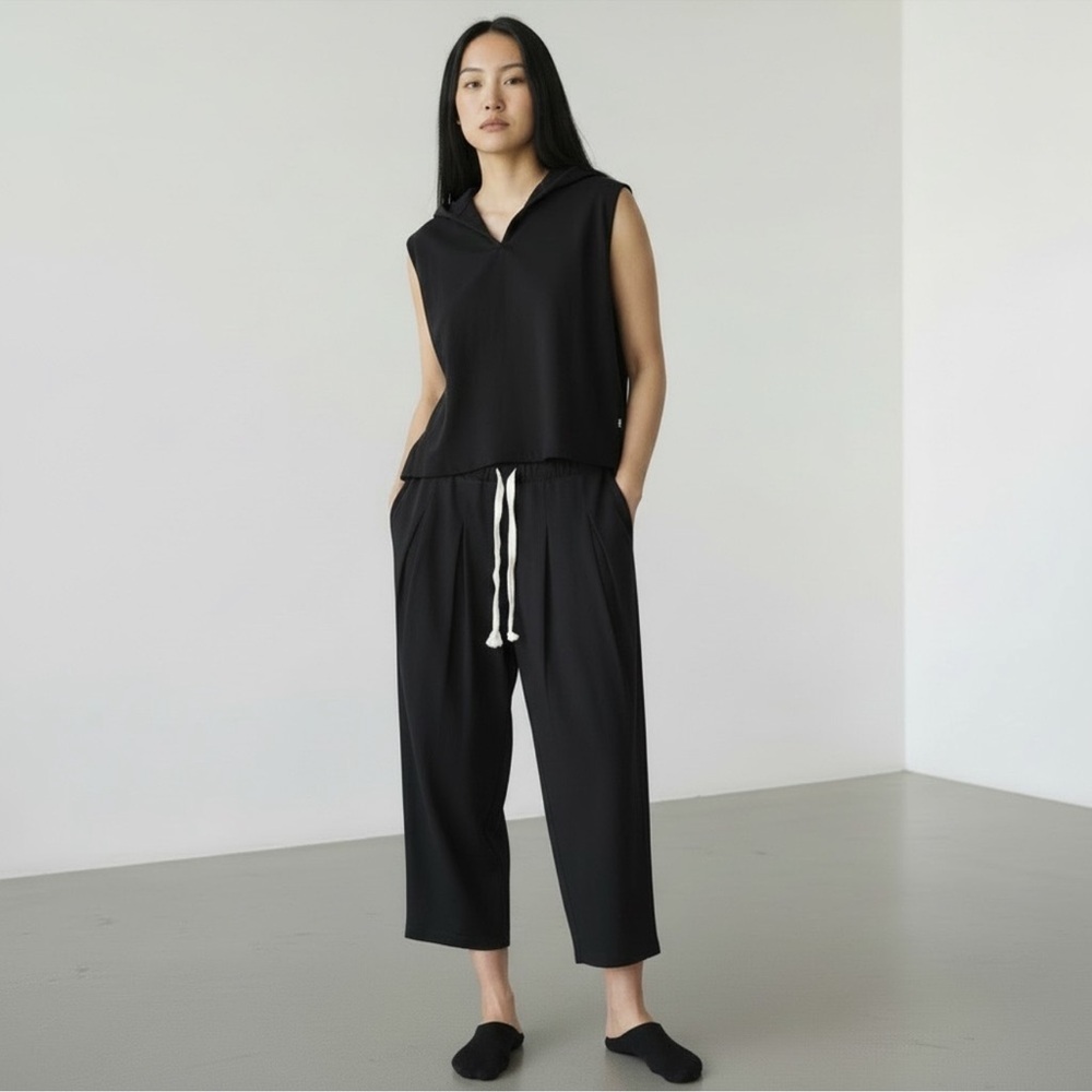Free People Beach Black Washed Drawstring Waist Pleated Wide Leg Cropped Pant